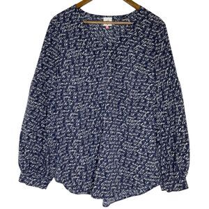 Cabi 5336 Blue Script Balloon Sleeve V-Neck Blouse Shirt Size Medium Women’s